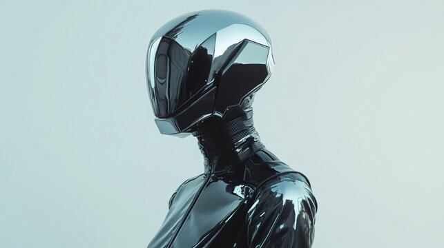 Futuristic cybernetic figure in shiny metallic suit