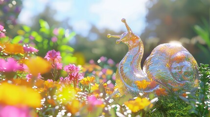 Fototapeta premium Enchanting 3D Render: Whimsical Snail Statue Among Vibrant Flowers in Sunny Recycled Garden