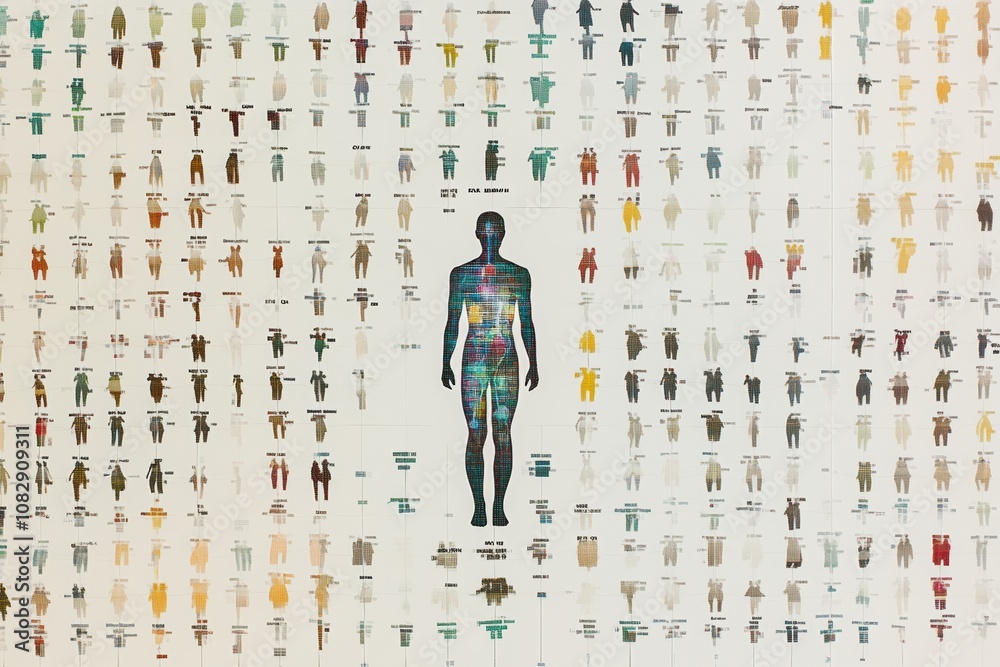 Aufkleber rows of genetic code dna symbols form the backdrop for a transparent human silhouette, illustrating 