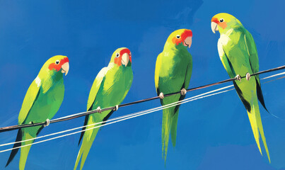 Colorful Parrots Perched on Wire Under Clear Blue Sky