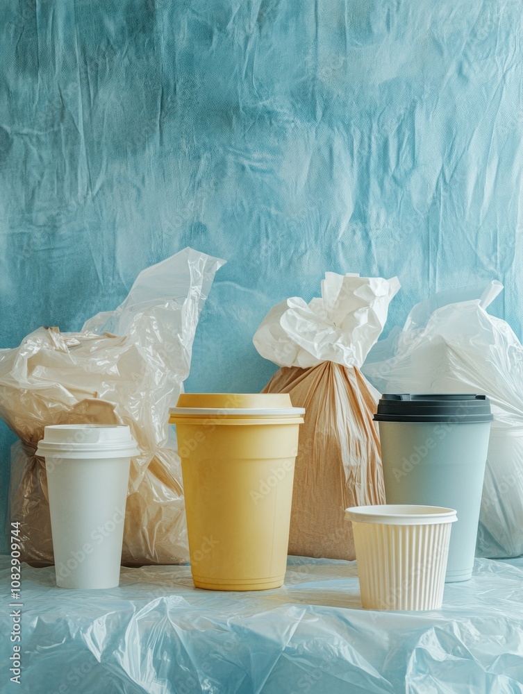 Poster The focus is on reusable containers contrasting with a disheartening array of single-use plastic bags and cups, emphasizing sustainability. Generative AI
