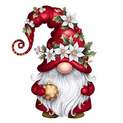 Christmas gnome. Cute fairytale character. Watercolor illustration.