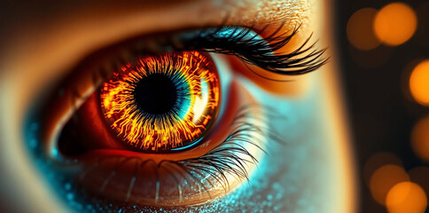 A captivating close-up of a human eye, with a vibrant iris displaying shades of fiery orange
