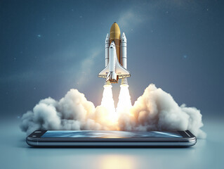 Obraz premium Rakete startet aus Smartphone mit Wolken im Hintergrund