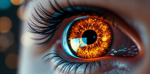 A captivating close-up of a human eye, with a vibrant iris displaying shades of fiery orange