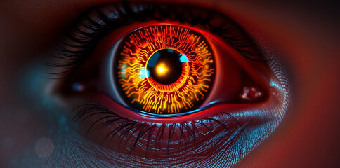 A captivating close-up of a human eye, with a vibrant iris displaying shades of fiery orange