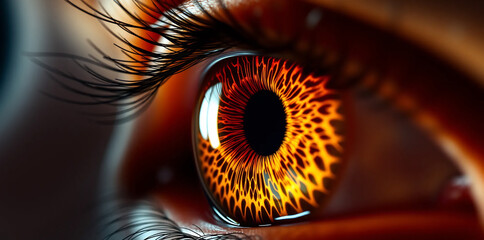 A captivating close-up of a human eye, with a vibrant iris displaying shades of fiery orange