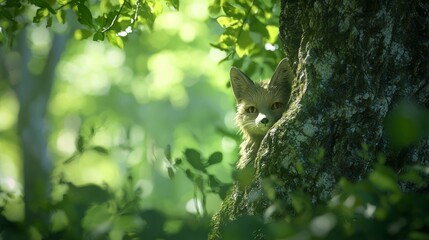 Enchanting 3D Render of Ultra-Detailed Fox Statue Peeking from Tree in Tranquil Forest - Digital Artwork Inviting Curiosity