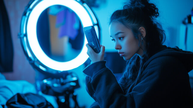 Young Creator Setting Up Ring Light for TikTok Video