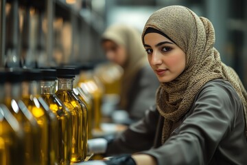 A young woman wearing a hijab works on the line of an olive oil bottling plant. The plant's setting conveys industrial efficiency and teamwork.