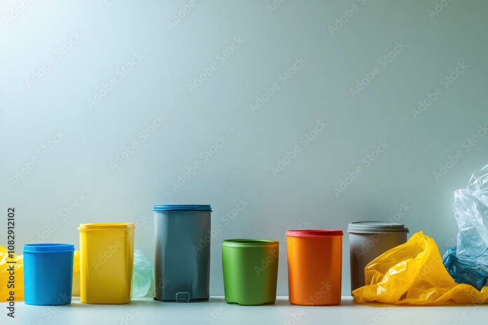Aufkleber Colorful reusable containers sit beside discarded single-use plastics, emphasizing the urgent need to address environmental issues. Generative AI