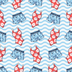 Blue men shorts and red women swimsuits on wavy background. Vector seamless pattern.