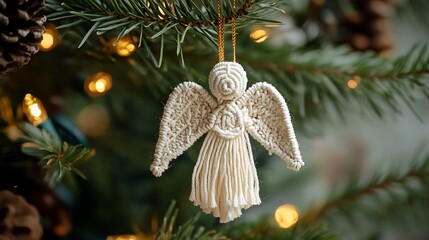 A handcrafted macrame angel ornament adorns a Christmas tree, illuminated by warm lights.