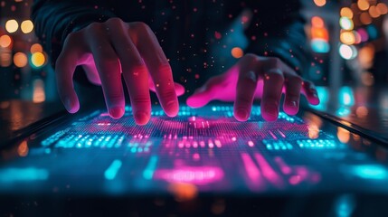 Interactive holographic project management modern office digital interface bright environment close-up view innovative concepts