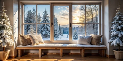 cozy window bench overlooking winter scene