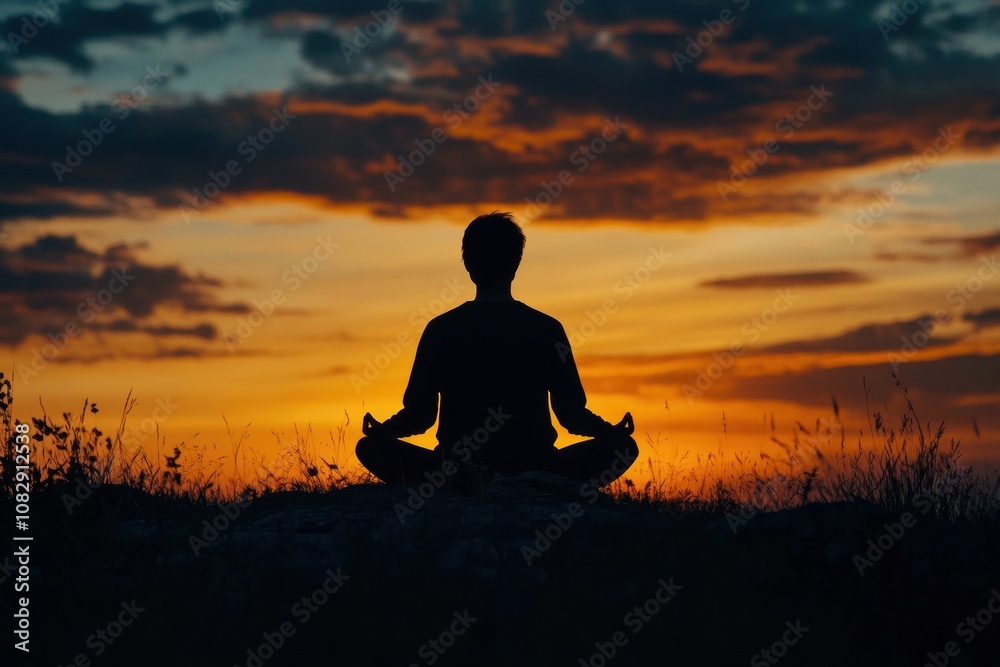 Poster a serene silhouette is seen meditating against a colorful sunset sky, evoking calm and introspection