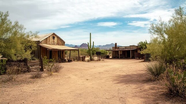 Rustic Wild West town with wooden buildings under a dusty sky  
Seamless looping 4k time-lapse virtual video animation Generated AI