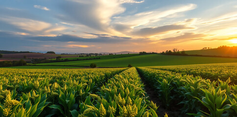 a vibrant green soybean field, golden sunset skies, lush nature landscape