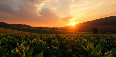 a vibrant green soybean field, golden sunset skies, lush nature landscape