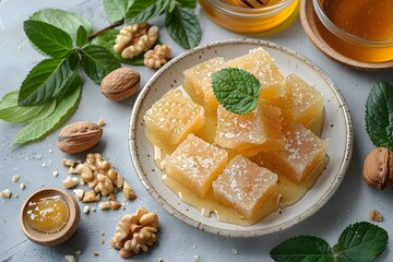 Turkish Delight with Honey, Walnuts, and Sesame Seeds Garnished with Fresh Mint &ndash; Authentic Middle Eastern Sweet on a Rustic Plate.

