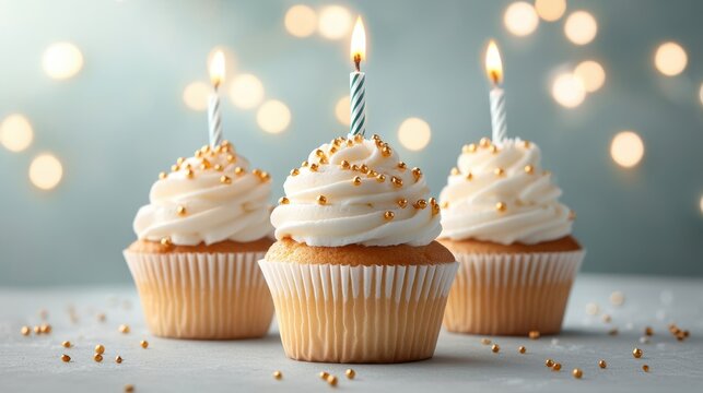 Three festive cupcakes with candles and sprinkles, set against a sparkling background. Ideal for birthday celebrations and party themes.