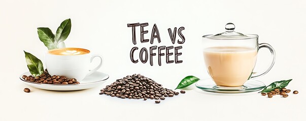 cup of coffee and cup of tea with leaves and beans, tea vs coffee, caffeine or antioxidant benefit or harm, morning beverage banner, lettering