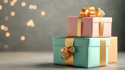 Two elegant gift boxes with gold ribbons stacked against a festive, softly lit backdrop. Perfect for celebrations and special occasions.