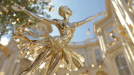 Vibrant Bronze Ballerina Statue in Mid-Pirouette Celebrating Dance | 3D Render Artwork of Cultural District Sculpture Displaying Performance Artistry