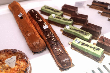Various assortment of desserts confectionery on the counter in a bakery