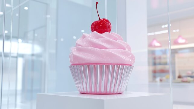 Whimsical 3D Render of Gigantic Cupcake Statue with Cherry in Bakery Window Showcasing Sweetness and Festivity