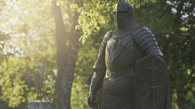 Majestic Knight Statue in Dark Stone - Ultra-Detailed 3D Render of Medieval Chivalry Sculpture in Park