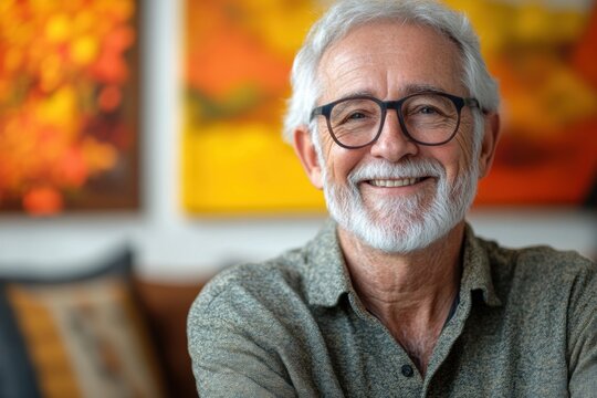 happy retirement portrait, modern, bright backdrop with contemporary art, showcasing a joyous retiree, leaving room for ample text