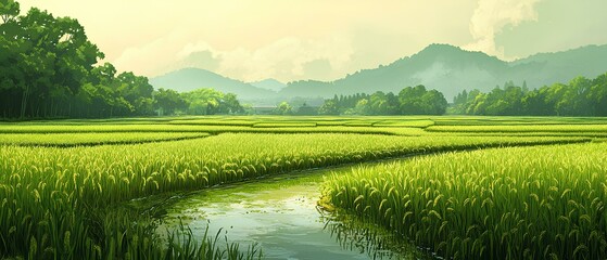 Naklejka premium Serene Rice Paddy Field with a Winding River and Lush Green Hills in the Background - Perfect for Nature, Agriculture, and Travel Themes