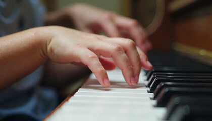 Obraz premium Delicate fingers dance gracefully over piano keys in a cozy room filled with soft sunlight and warm ambiance