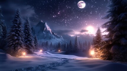 Obraz premium A snowy landscape under full moon, with path flanked by snow-covered trees and lanterns