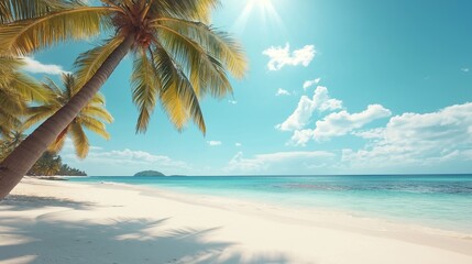 Fototapeta premium Freedom tropical beach background. Beautiful palm tree over white sand beach.
