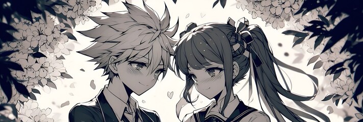 Fototapeta premium anime couple love black and white