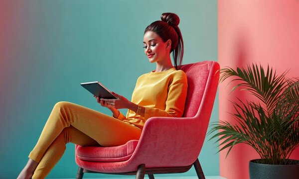 Woman in yellow outfit reading on a pink chair.