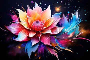 Obraz premium Luminous flower with vivid colors, creating enchanting visual effect. Dew like droplets add depth, allure.For artistic projects requiring vibrant, nature inspired themes, greeting card, print, poster.