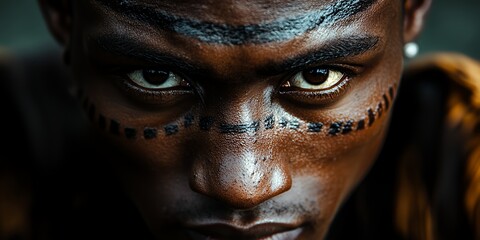 A Young Man With Intricate Tribal Face Paint Stares Intensely at the Camera, Showcasing Cultural Traditions and Artistry in a Vibrant Outdoor Setting During the Day