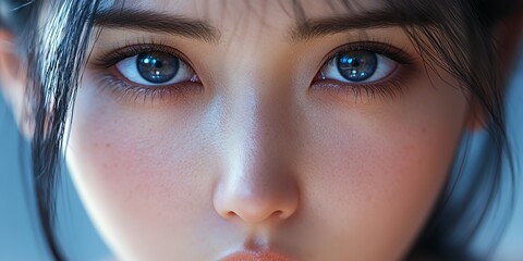 Fototapeta premium A Close-Up Portrait of a Young Woman With Striking Blue Eyes Looking Directly Into the Camera, Against a Soft, Blurred Background That Enhances Her Features