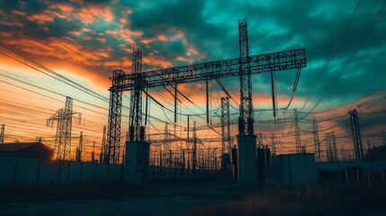 A large transformer station with power lines, Electric power substation
