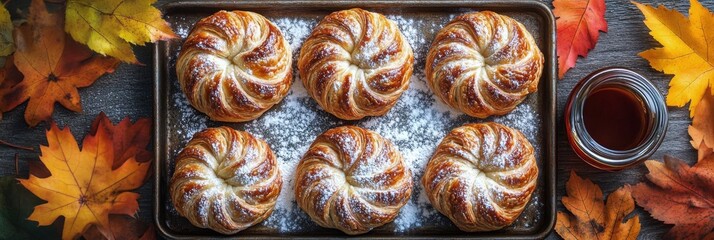 Freshly baked pastries arranged on a rustic wooden table surrounded by autumn leaves