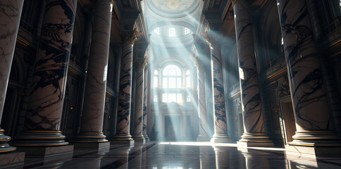 detailed majestic palace, towering marble pillars, impressive grand entrance,