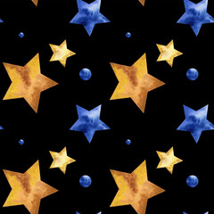 Seamless pattern of blue and gold watercolor star isolated on black background. Festive symbol, traditional decorative element. Watercolor hand drawn illustration.