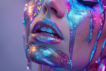 Shimmering metallic paint drips down a woman's lips in a creative and artistic makeup look.