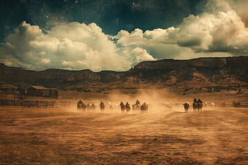 Ranch life in the West with cowboys herding cattle under dramatic skies