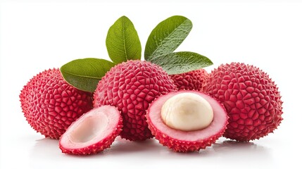 Asian fruit lychee heap isolated, Freshly picked Litchi fruits with green wet leaves