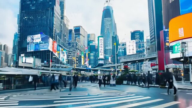 Busy Morning Commute in Asia with Towering Buildings Generative AI