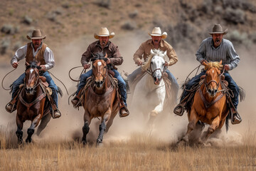 Cowboys chase on horseback through dusty terrain at sunset near mountains
